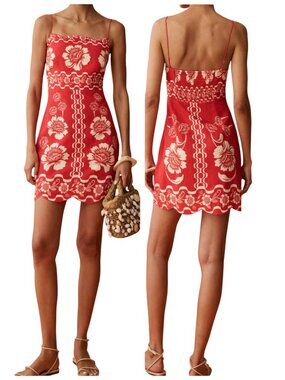 Anaya Toni Dress M Red Cream Floral Linen Blend Mini Dress NWT